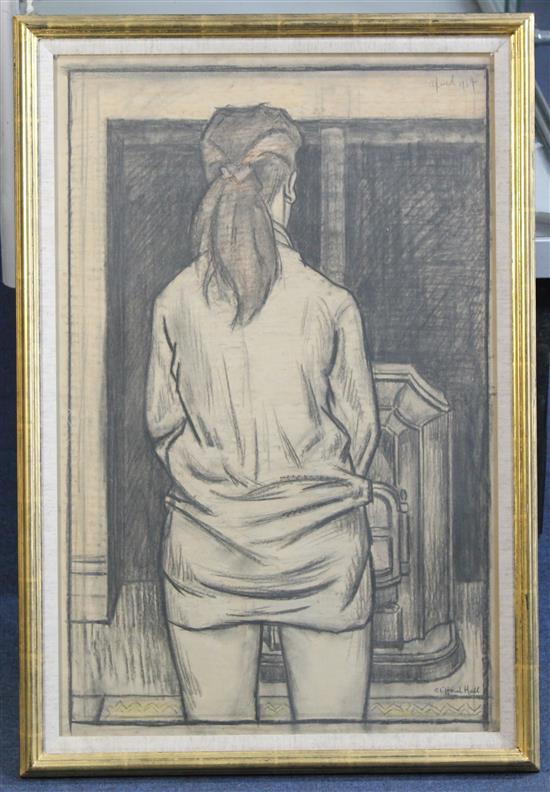 § Clifford Hall (1904-1973) Girl standing before a stove, 25 x 16.25in.